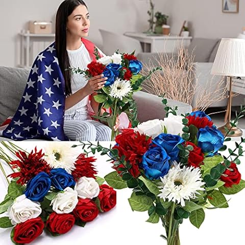 Glitinsel 48 Pcs Veterans Day Memorial Bouquet Artificial Flowers Patriotic Flowers Red White and Blue Decorations for Veterans Day Memorial Day Cemetery Home Wedding(Roses and Gerbera) Cover