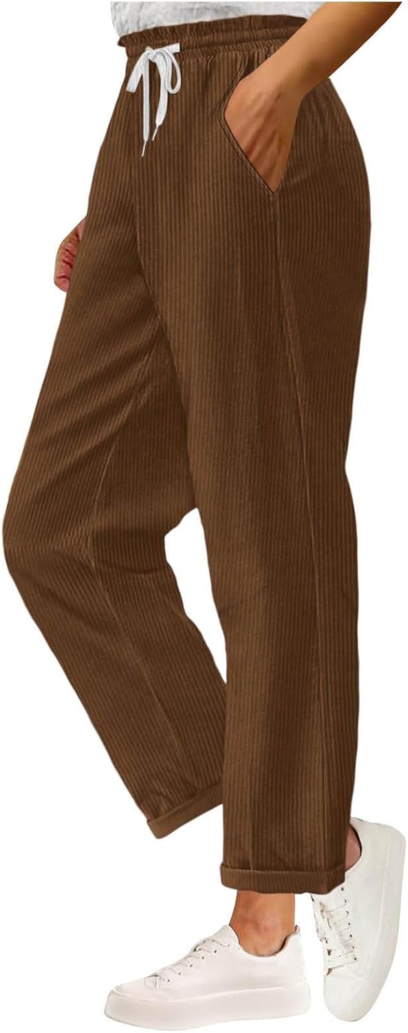 Cotton Pants for Women Elastic High Waist Straight Leg Slack Drawstring Casual Fall Solid Color Trouser with Pocket