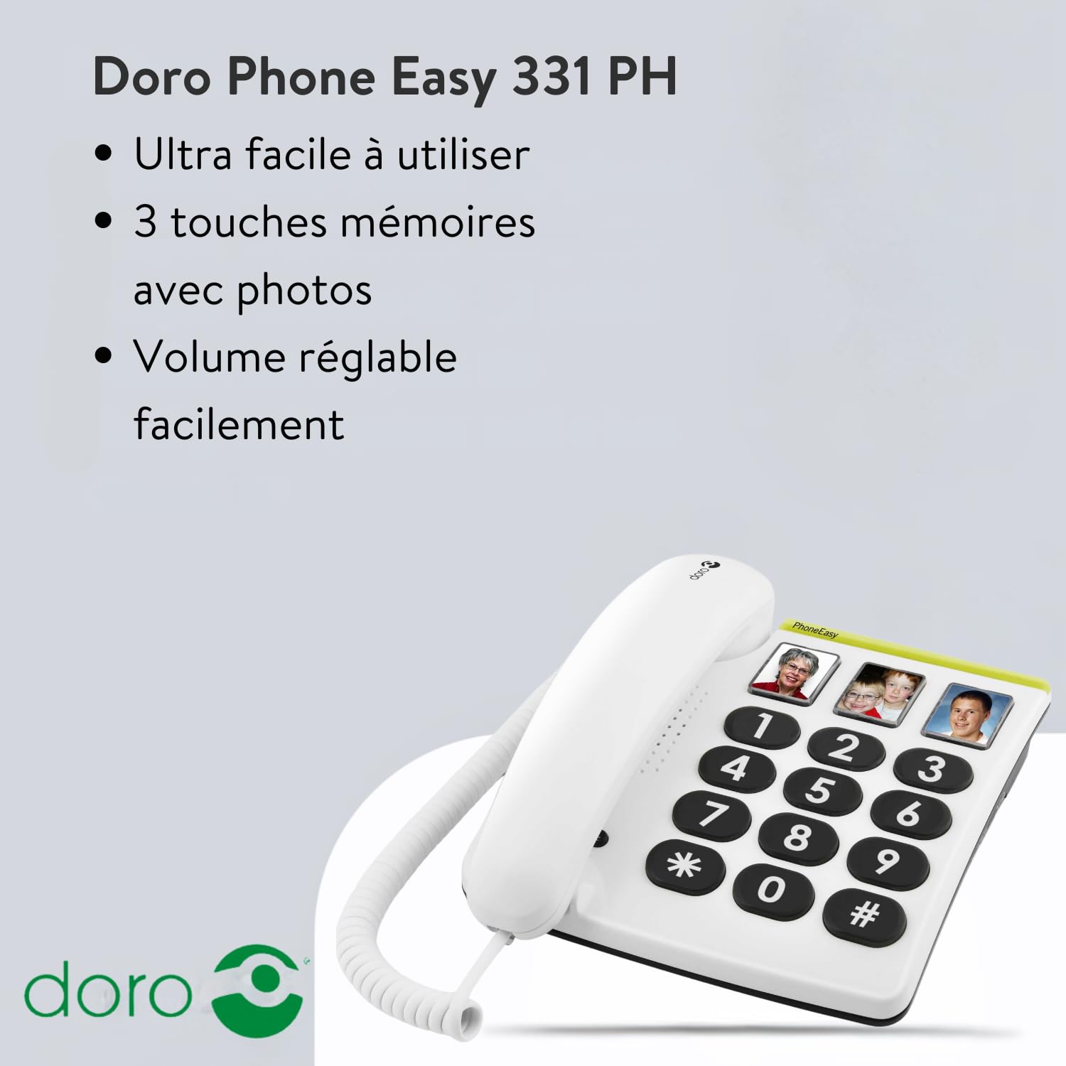 Doro PhoneEasy 331ph Téléphone Fixe pour Seniors Grandes Touches Numérotation Abrégée Compatible Appareils Auditifs