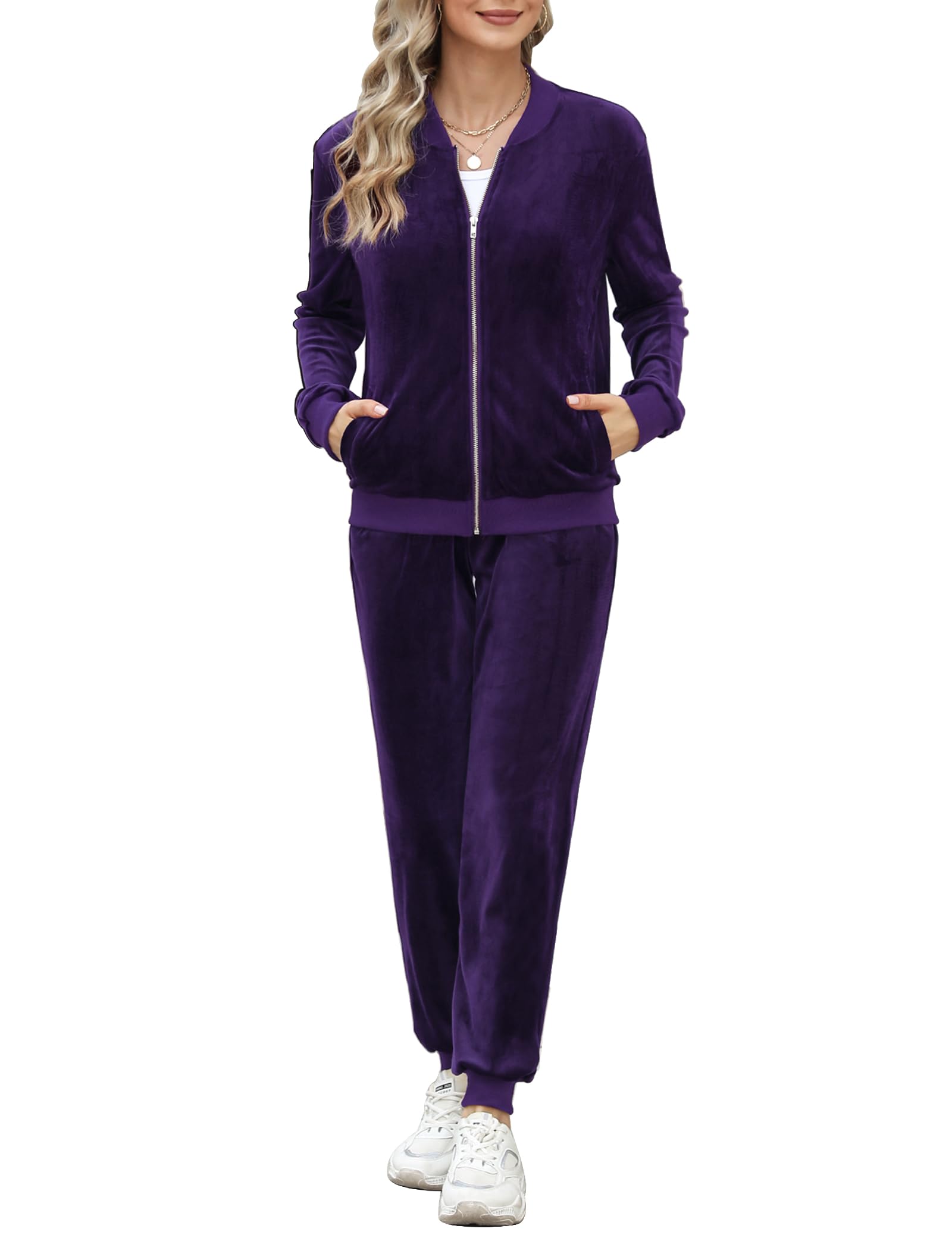 Irevial Tuta Sportiva Donna Velluto Tuta da Ginnastica Due Pezzi Casual Casa Pigiama Set con Giacca a Zipper e Pantaloni Lunghi Primavera Autunno Training Sportwear Comoda