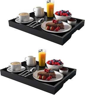 Artmeer Bamboo Breakfast Serving Tray, Portable Serving Platters Tray Great for Dinners Party Tea Bar Table Breakfast Snack Trays 2 Plack (Black)