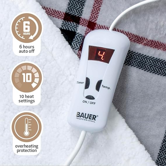 Bauer Professional Electric Heated Throw Blanket / 10 Heat Settings/Plaid
