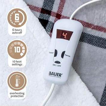 Bauer Professional Electric Heated Throw Blanket / 10 Heat Settings/Plaid