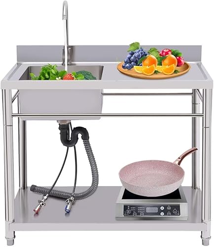 Fregadero comercial de acero inoxidable, fregadero de cocina de un solo tazón con banco de trabajo y estantes de almacenamiento, fregadero