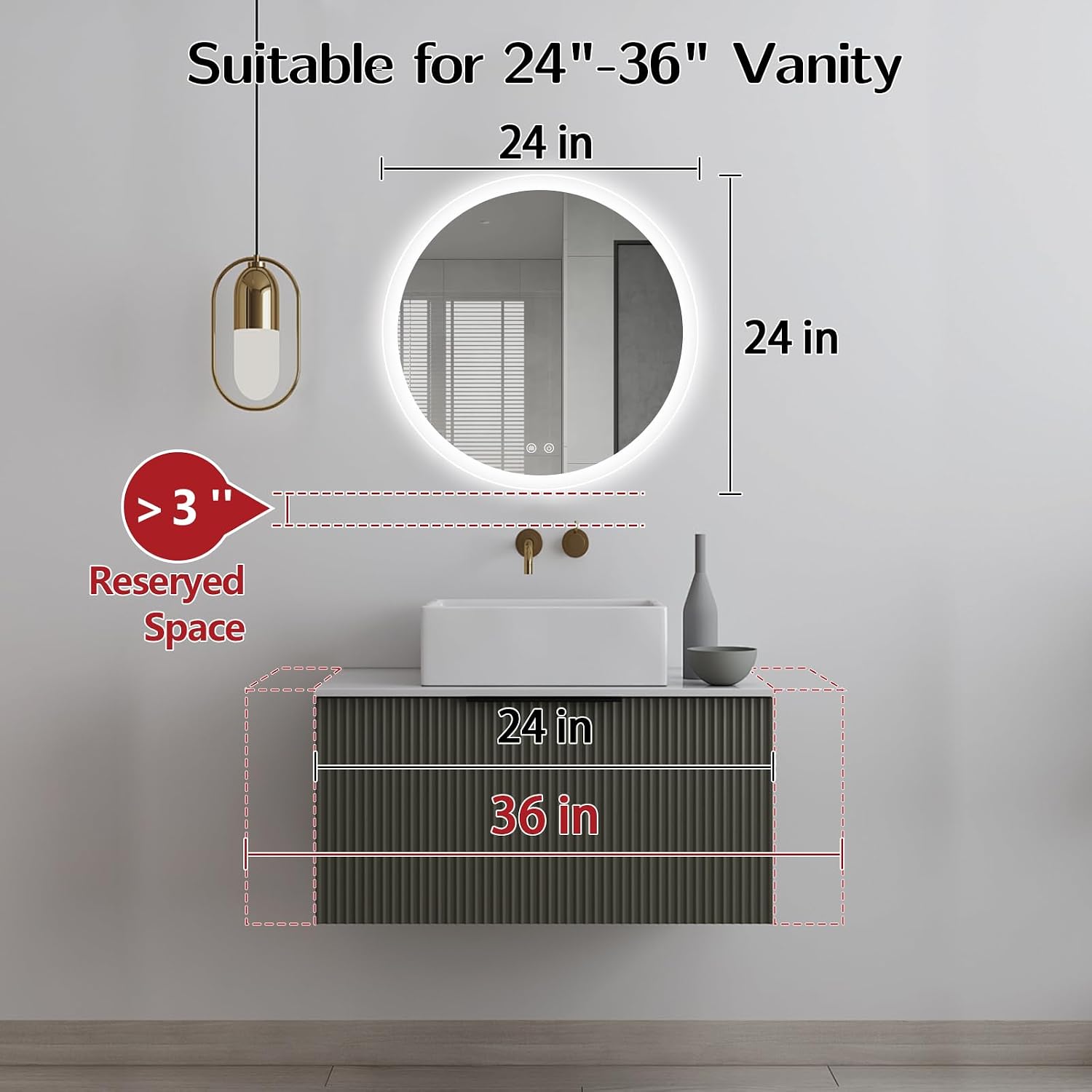 Niccy Round LED Bathroom Mirror, Backlit & Front Lighted Vanity Mirror, 24" | Frameless Wall Mounted Mirror for Bathroom, 3 Color Stepless Dimmable 3000K/4500K/6000K, Anti-Fog Lighted
