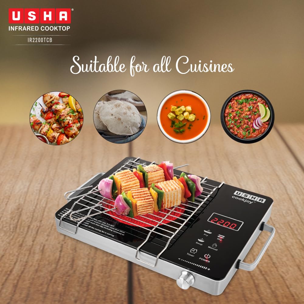 Close-up of USHA IR2200TCB cooktop showing cool-touch handles and anti-skid feet