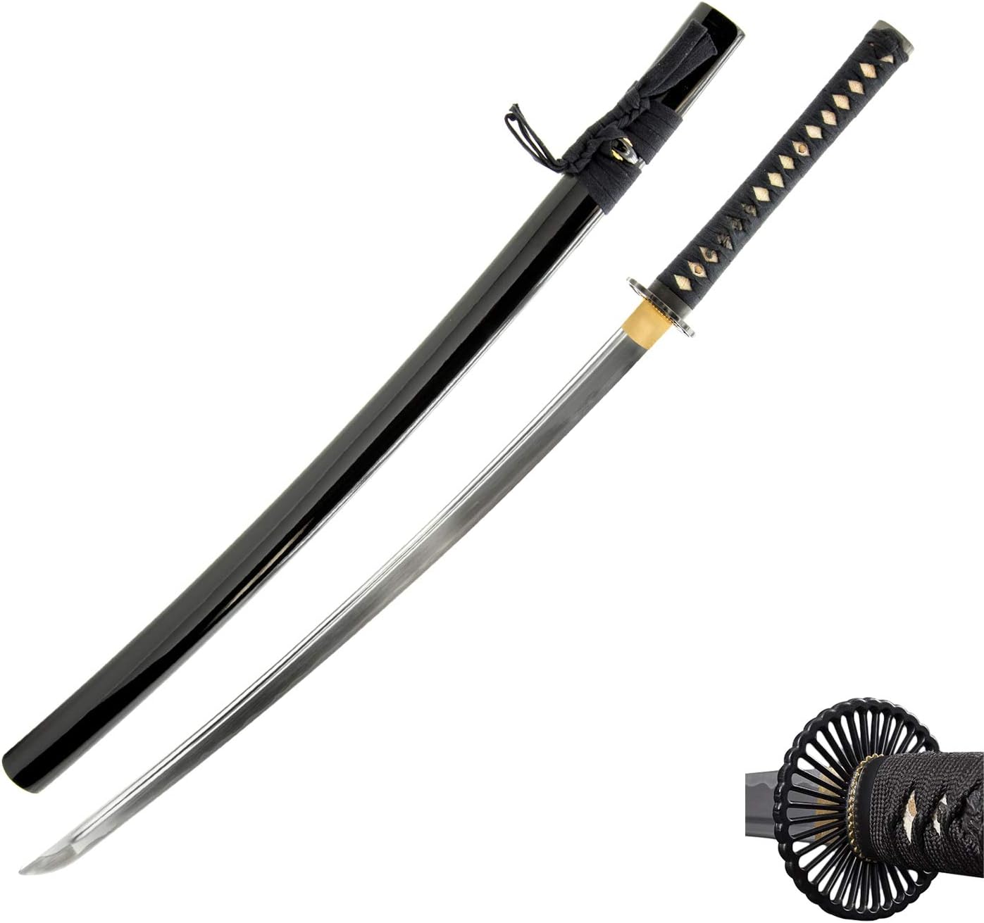 HMS Unsharpened Iaido Iaito Katana Training Sword, Aluminium Alloy Blade, Full Tang, Brass Fittings, Empire Wheel Tsuba, Black Scabbard