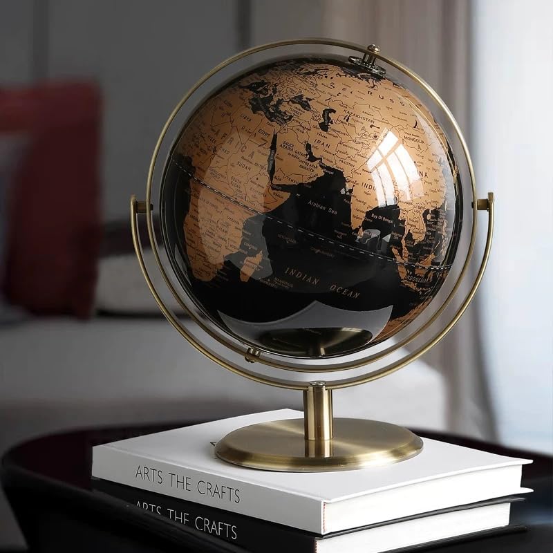 World Globe with Rotating Stainless Steel Stand for Adults - Elegant Adult Home Office Desk Bookcase Decoration & Gifts (golden, 9")
