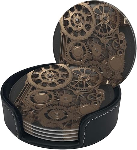 Miniatura 2 de Steampunk - Juego de 6 posavasos mecánicos con soporte, posavasos de cuero, protector de mesa para bar, decoración de tazas, almohadilla para mesa