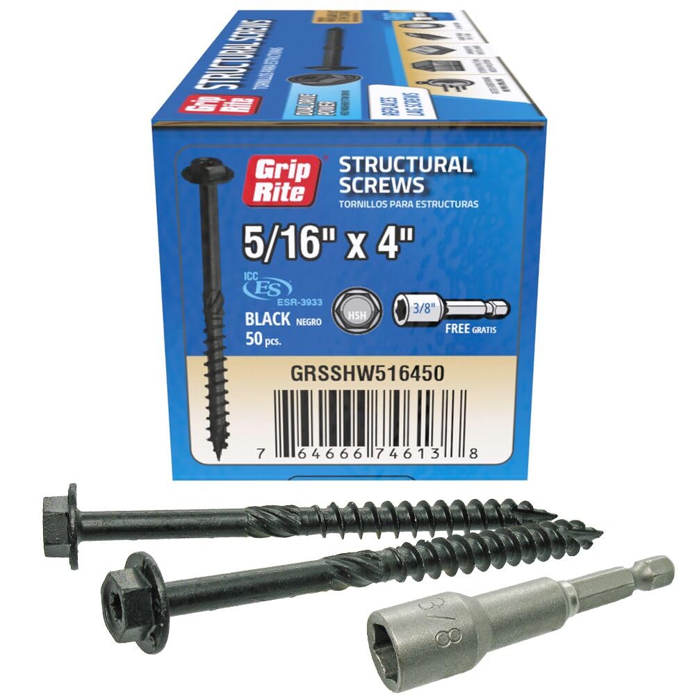 Grip-Rite GRSSHW516450 5/16" x 4" Structural Screw Dual Drive Power Hex Washer Star Drive Head 50CT, Black