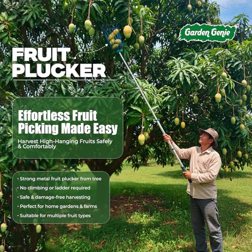 Image of Garden Genie Fruit Plucker from Tree | Metal Fruit Picker Basket Tool with Adjustable Clamp | Lightweight Fruit Catcher for Mango, Lemon, Apple & More