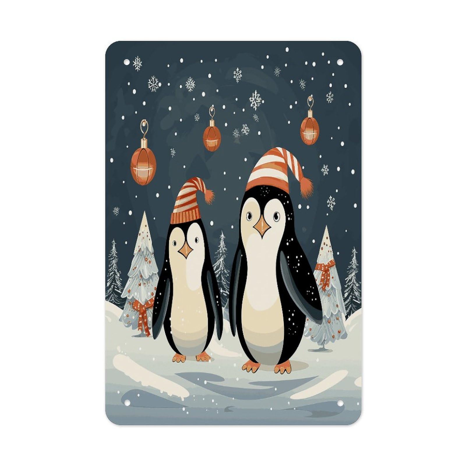 LDGSUPH Merry Christmas Penguins Wall Art Prints Folded Edge Iron Sheet Painting with Holes for Wall Prints Decorative Picture Metal Signboard Decor Painting for Outdoor Indoor Wall Decor