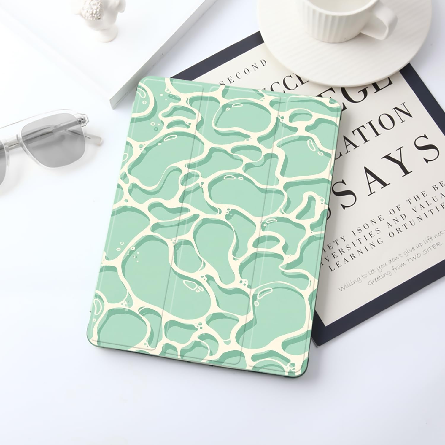 JOYLAND Étui folio anti-rayures et antichoc pour iPad (A16) 11" 2025/iPad 10e génération 11" avec porte-crayon – Fonction veille/réveil automatique – Motif vague verte