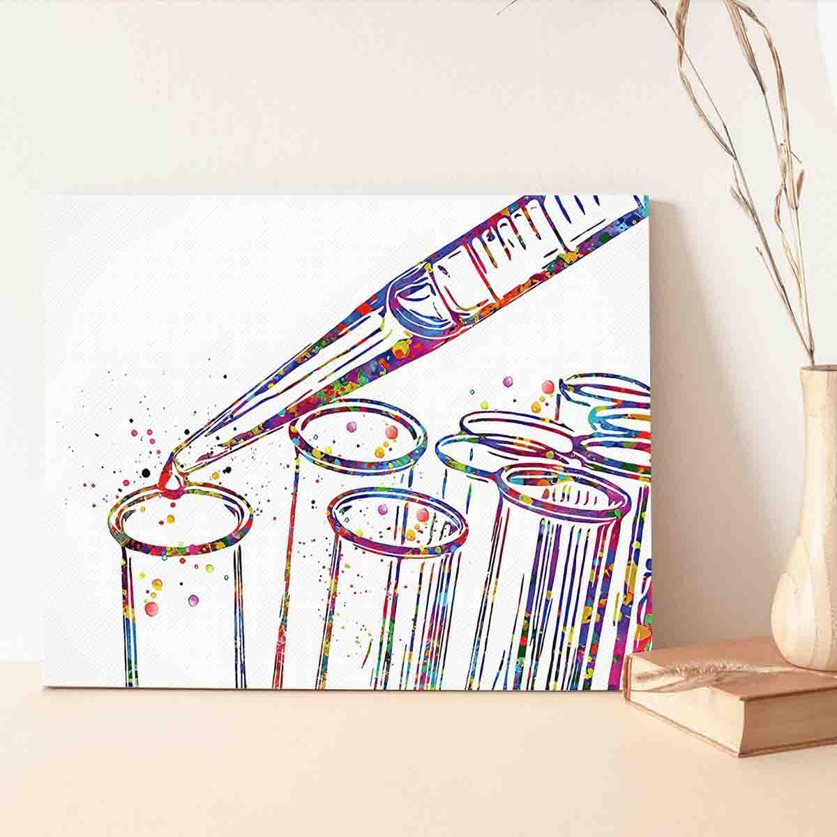 MBARE Watercolor Prints Wall Art,Tubes And Pipette Watercolor Print Chemistry Phlebotomist Medical Art Laboratory Sicence Art Canvas Doctor Office Clinic Wall~-16"X20" Canvas Print With Frame