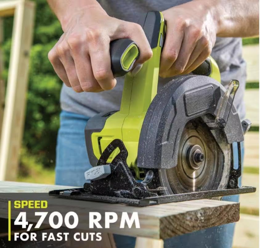 User operating the CUSHYBITE circular saw, demonstrating its 4,700 RPM speed for fast cuts.