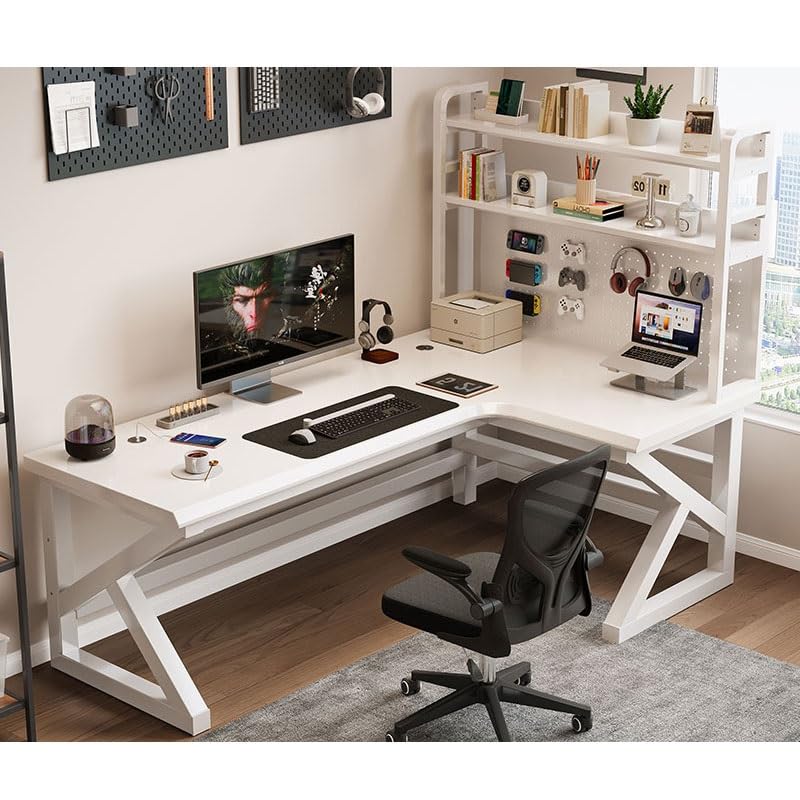 Escritorio esquinero de madera maciza para computadora con tablero de clavijas y estantería, mesa moderna para juegos y estudio para espacios pequeños, oficina en casa, estación de trabajo (altura