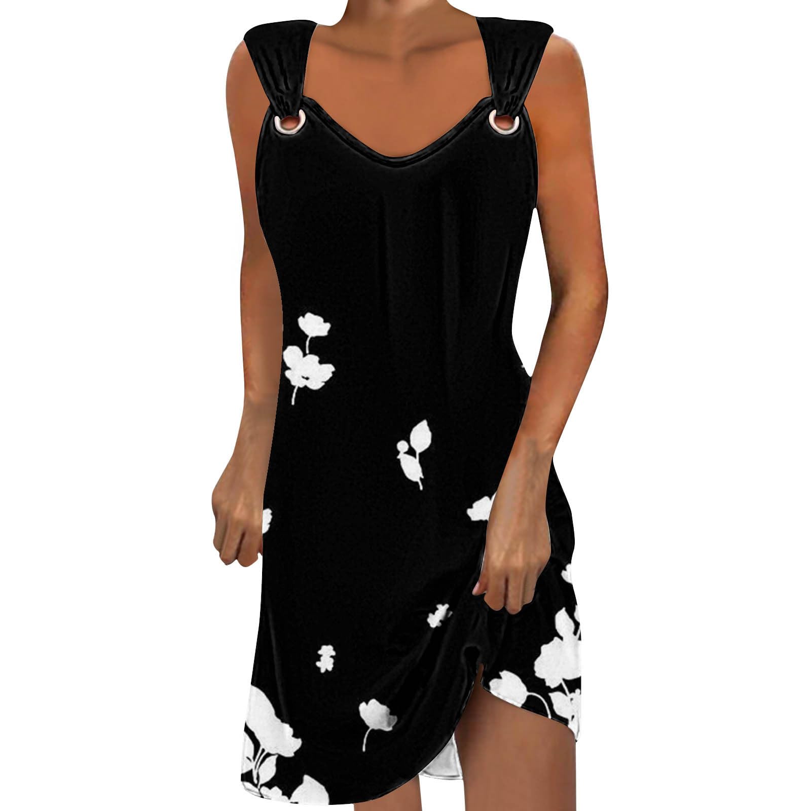 HAOLEI Vestidos de Verano Mujer 2024,Moda Sin Manga Recortado Vestido Vestido Camisola Mujer con Cuello en Redondo Elegante Vestido Mujer con Flores Estampado Informal Vestido Playa Mujer