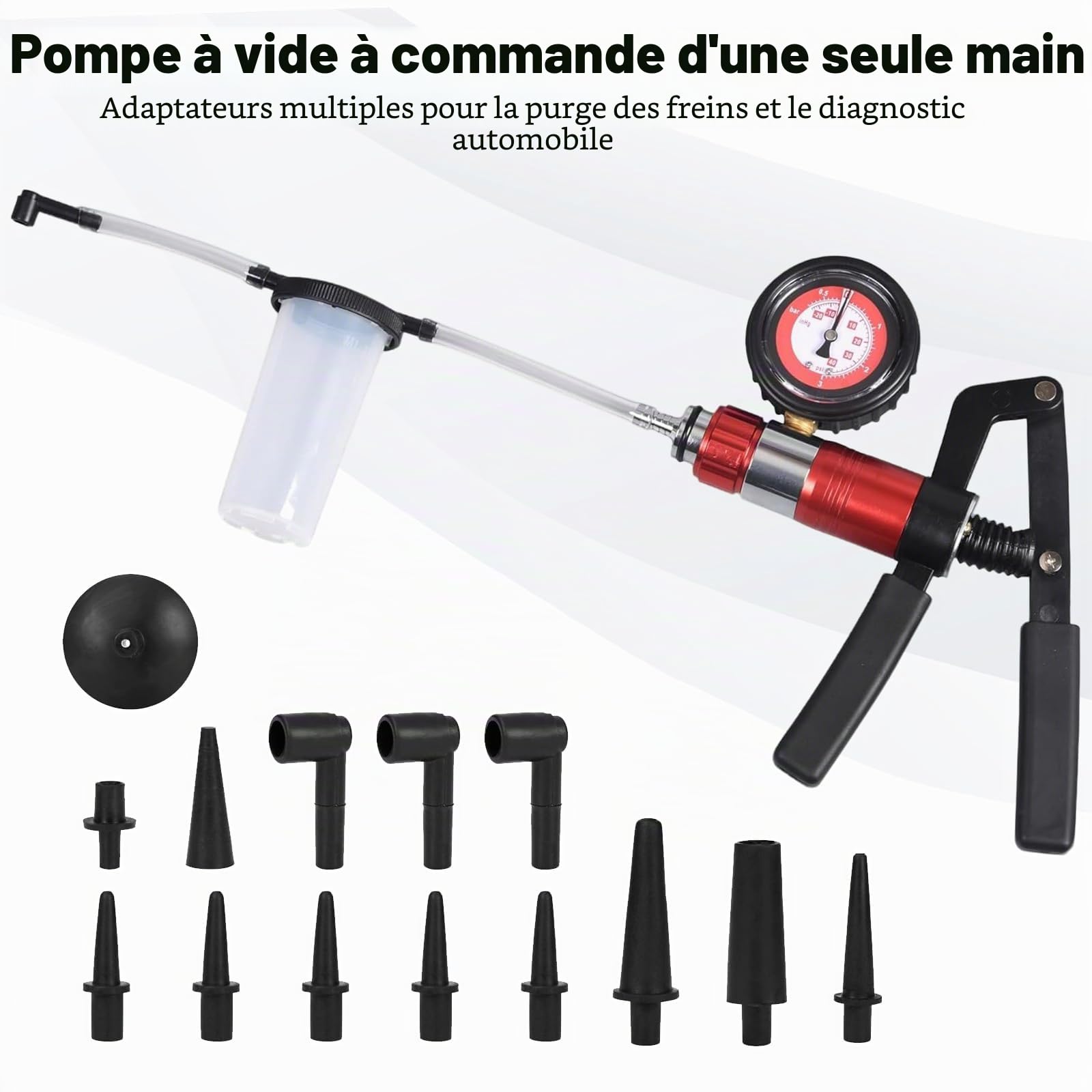 FreeTec 23 Pièces Purge de Frein à Vide, 40 PSI 26 HG Pompe a Depression de Purgeur de Frein, Manuelle Pompe a Vide de Purge Liquide de Frein pour Voiture, Moto, Camion (Rouge)