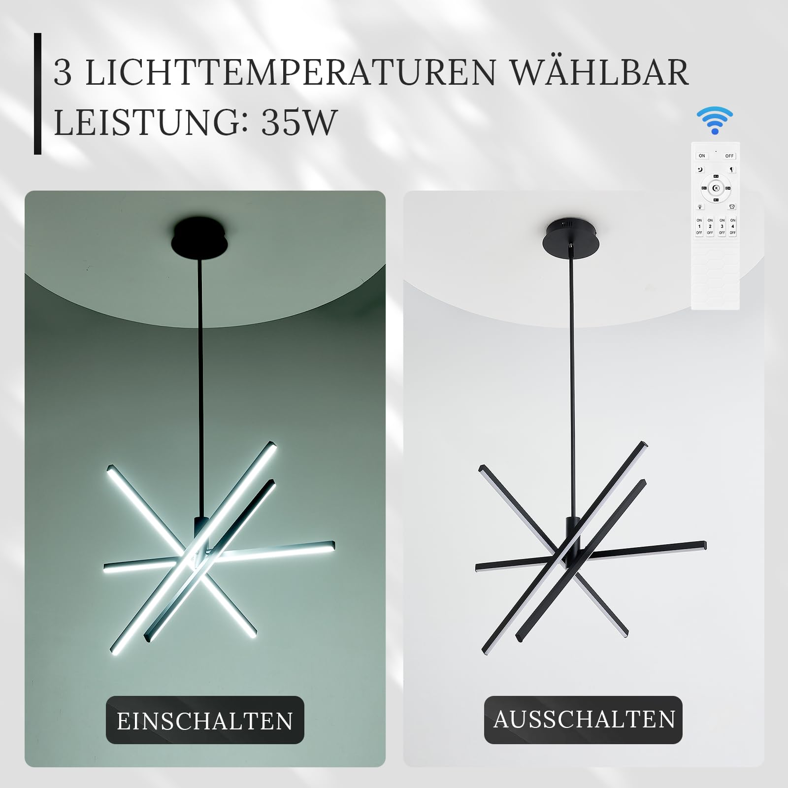 CATINER Moderner LED Hängeleuchte Schwarz 4-flammige Esszimmer Pendelleuchten LED Sputnik Kronleuchter Dimmbar mit Fernbedienung für Wohnzimmer Schlafzimmer Küche Eingangsbereich，70 cm 25W