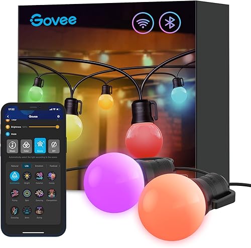 Govee Cadena de luces inteligentes para exteriores 50 pies G40 RGBIC de color blanco cálido con 25 bombillas LED regulables tira de luces