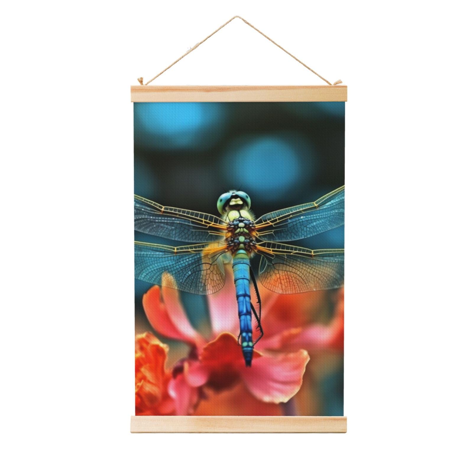Dragonfly On The Flower Poster Wooden Shaft Hanging Poster Wall Hanging Banner Canvas Artwork with Wood Frames 12"x18" Modern Artwork Decor Ready to Hang Wall Art for Home Decor Scroll Painting