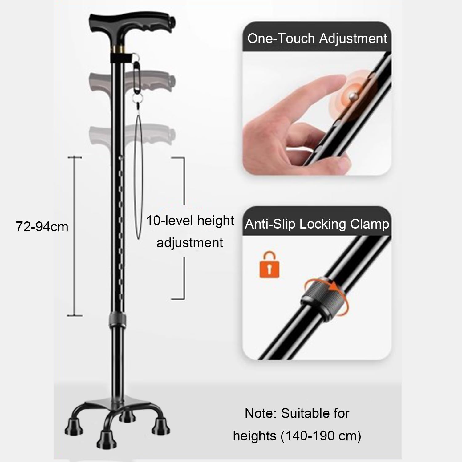 Vierfuß Spazierstock Gehstock,Gehstock mit Ergonomischem Griff und Anmutiger 4-Zinken-Basis,10 Stufen 72-94 cm,Höhenverstellbar,mit kleinen Armlehnen,Für Rechts- Oder Linkshänder und Senioren
