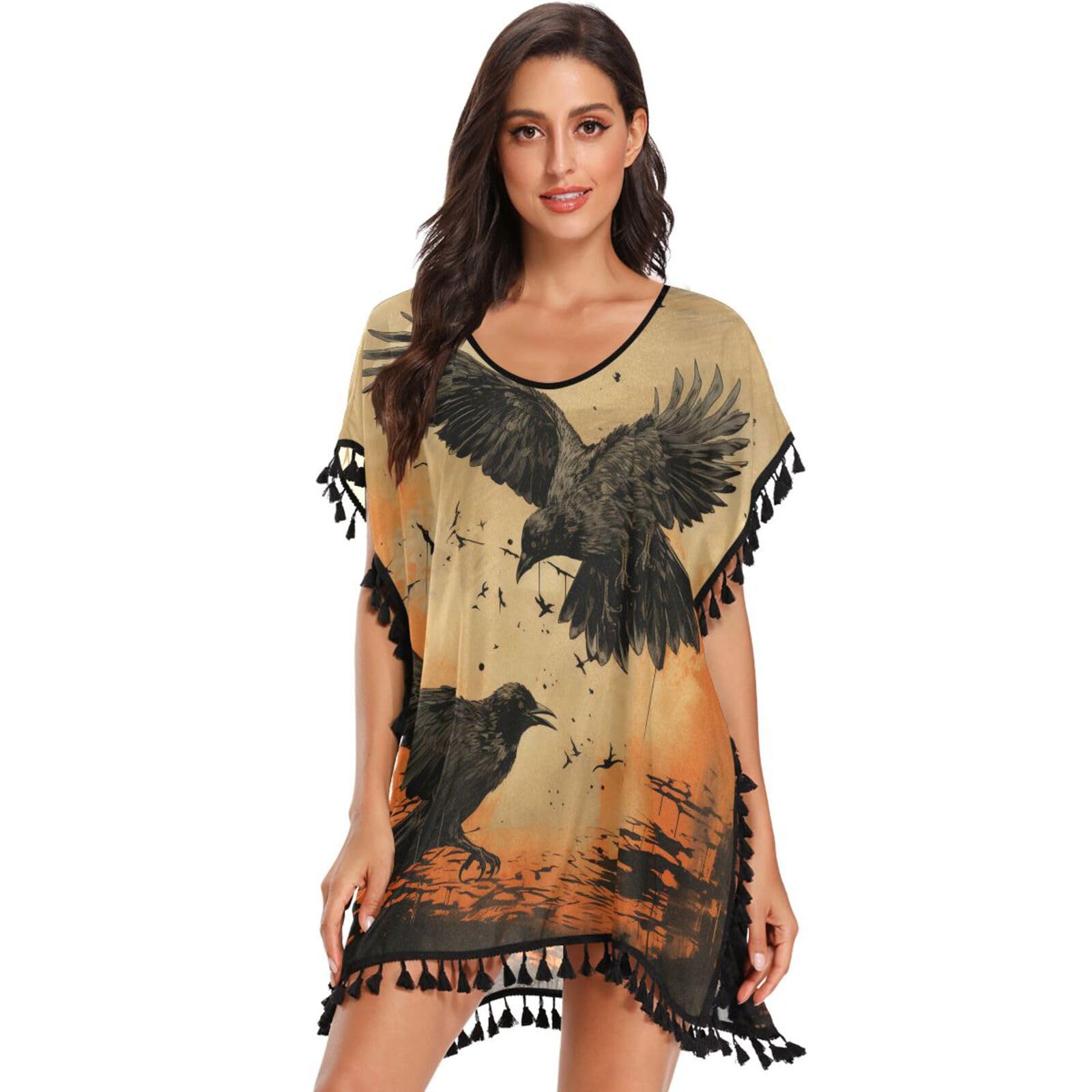 Sketch Art Eagle Women's Beach Cover Up Chiffon Tassel Swimwear Swimsuit Coverups for Girl