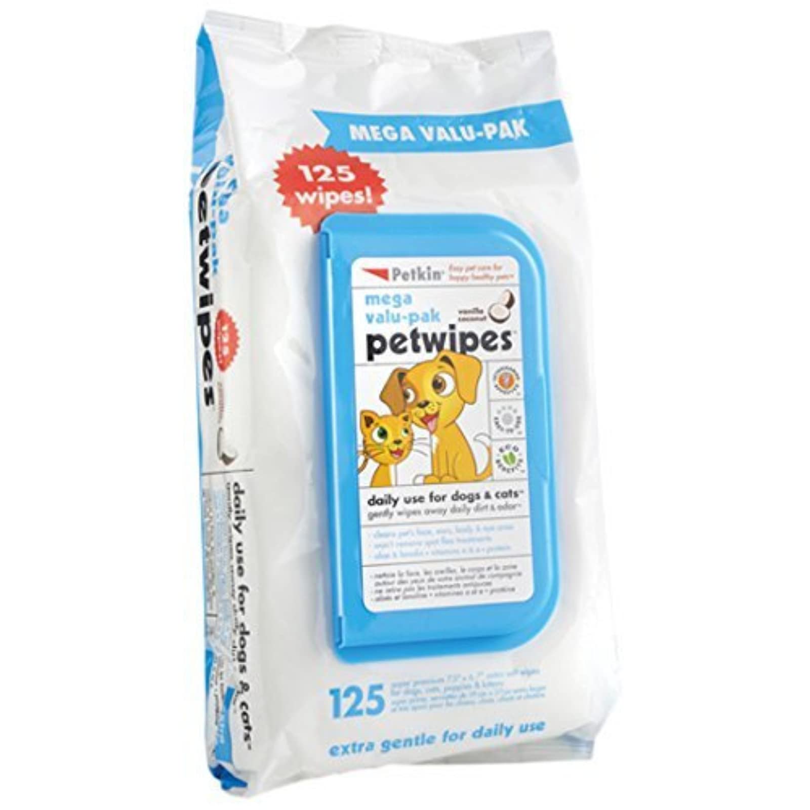 PetkinPetwipes Mega-Value Pack for Dogs and Cats, Wipes Away Daily Dirt and Odor, Cleans Face, Ears, Body and Eye Area, Super Convenient, Ideal for Home or Travel 125 Wipes