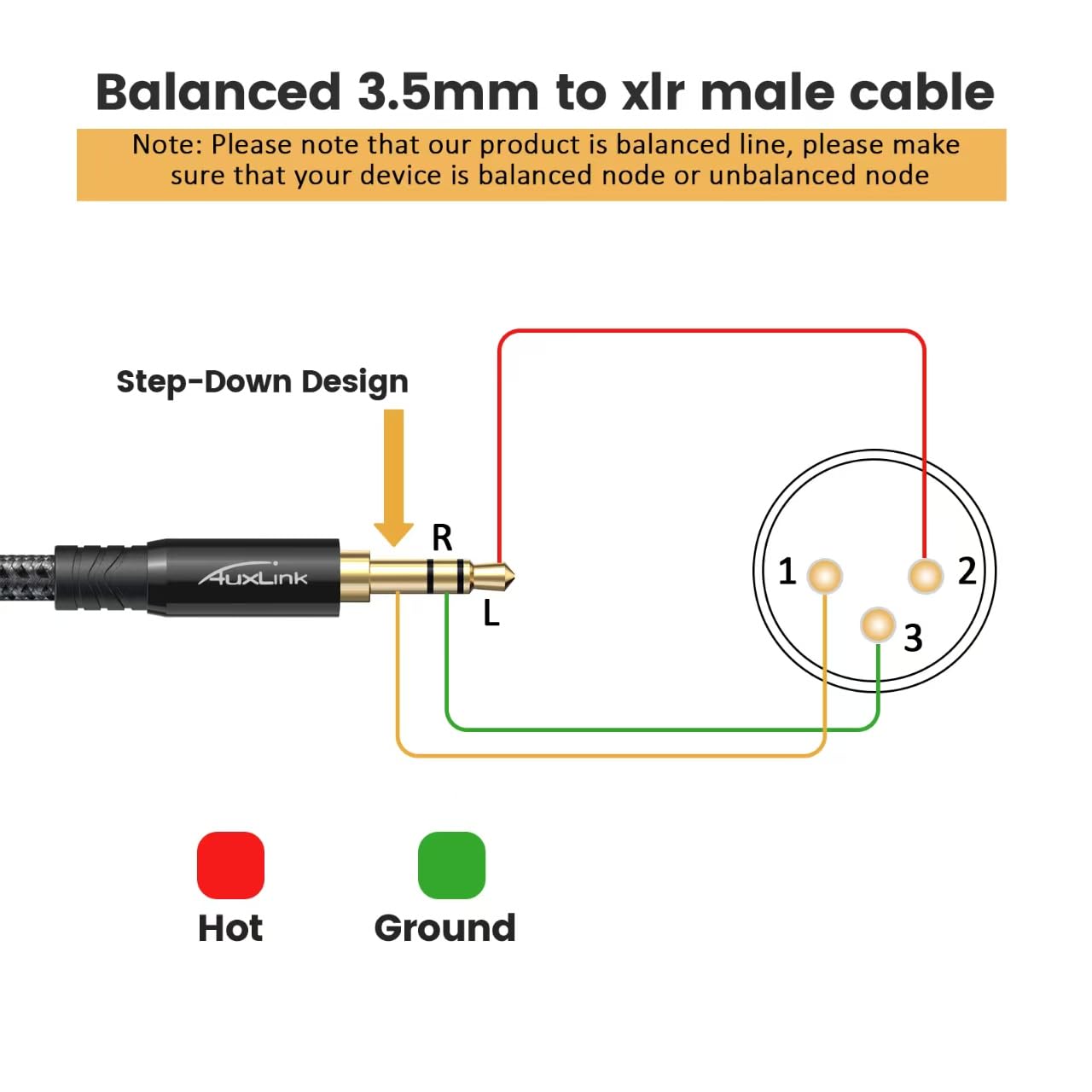 XLR auf 3,5 mm Kabel, 1,8 m, symmetrisches 0,3 cm TRS-auf-XLR-Kabel, vergoldet, 3-poliges Nylon, geflochten, für Handy, Laptop, Lautsprecher, Mischpult, 2 Stück