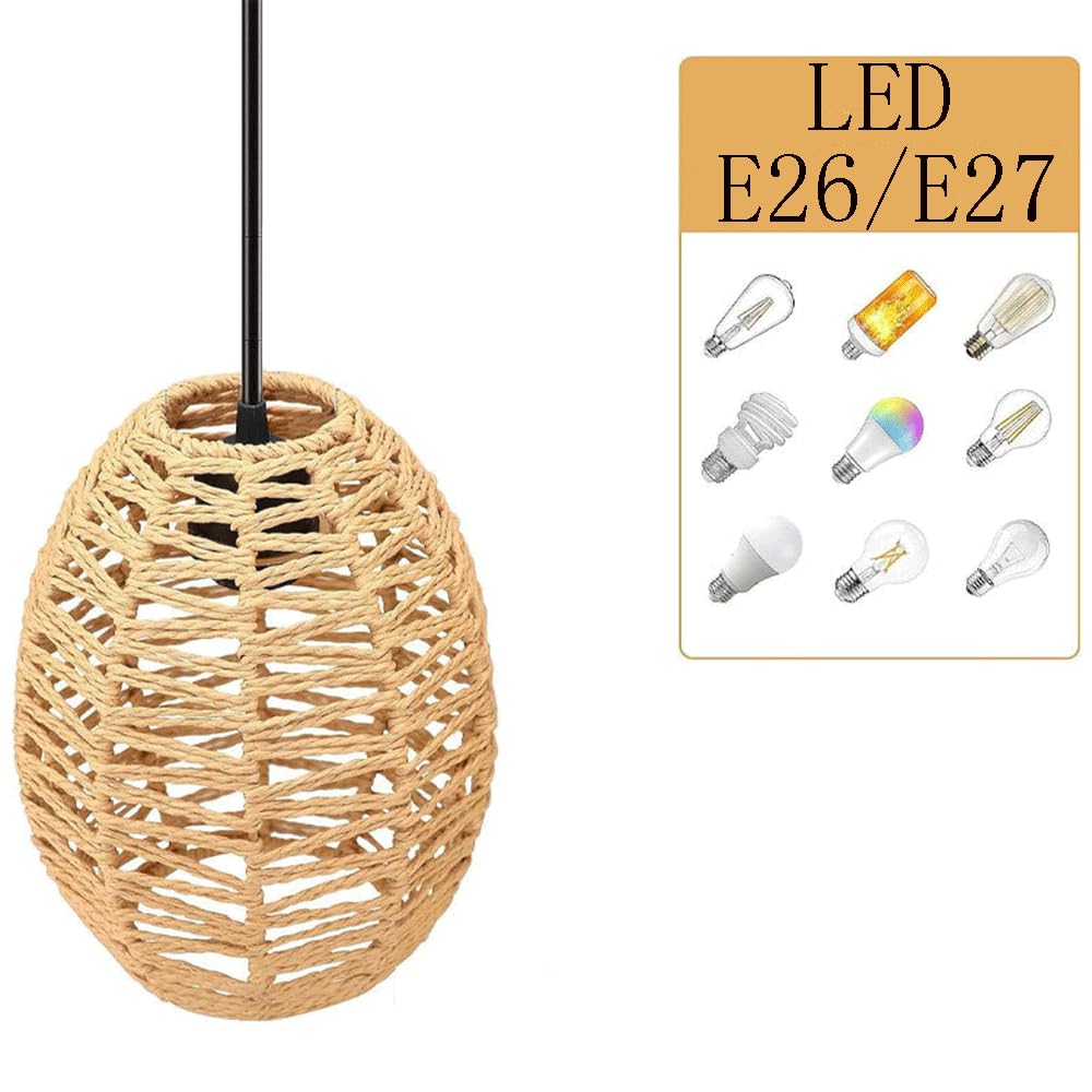 Wiklinowa Lampa Wisząca E27 Lampy Wiszące Rattanowa Lampa Wisząca Wiklinowy Tkany Kosz Abażur, Farmhouse Industrial Boho Sufitowa Oprawa Oświetleniowa Do Salonu Wyspa Kuchenna CJSLXGBL
