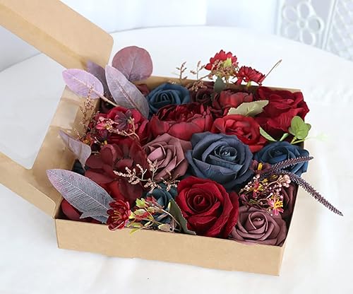 Miniatura 5 de YLBFJXK Juego de flores artificiales con arreglos de tallos de hojas para ramos de boda, centros de mesa nupcial, decoración de fiesta, rojo burdeos
