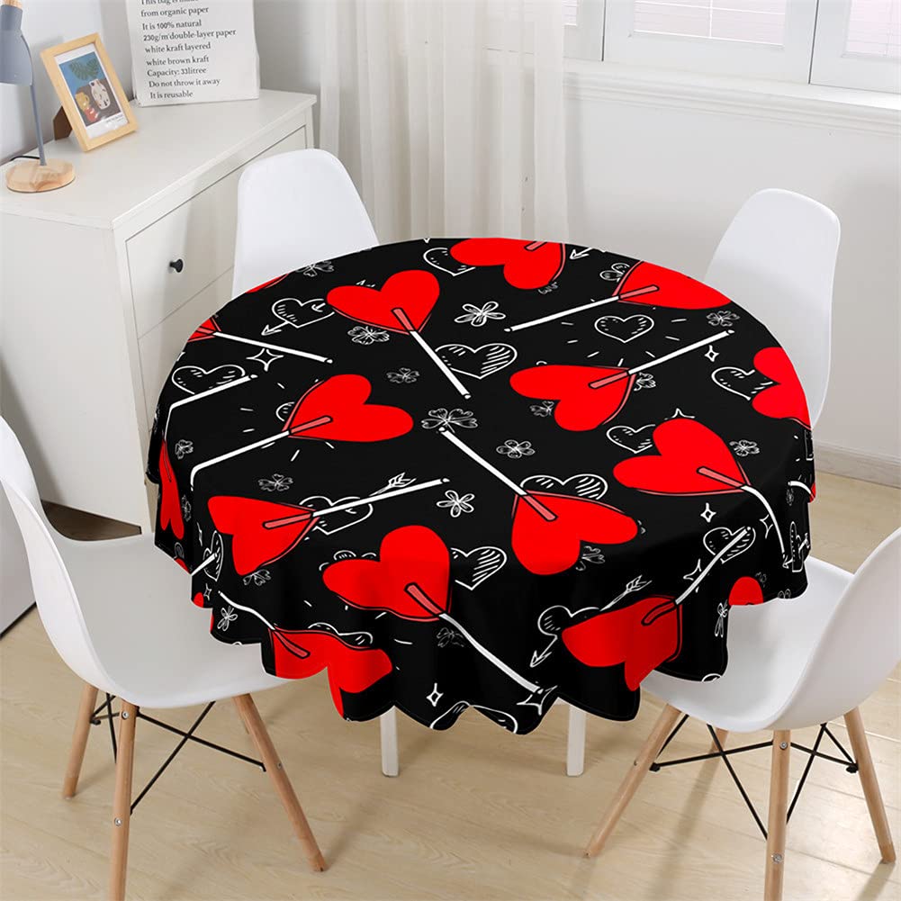 Famame Runde Tischdecke – Wasserdicht, Mit Elastischem Rand, Rotes Herzen-Muster, Für Tische 114,3-127 Cm