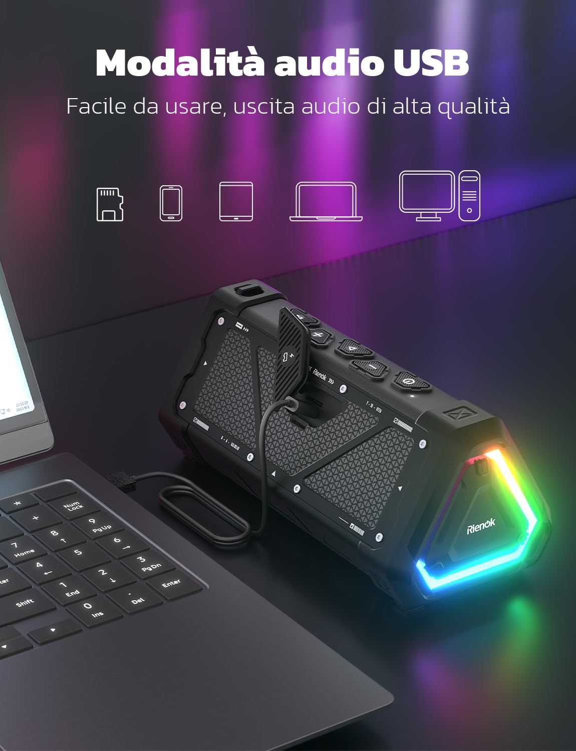 RIENOK S11 Cassa Bluetooth Potente Portatile IPX7 Impermeabile, Modalità Voce/Musica/Basso, Modalità Audio USB, Vero Stereo Senza Fili, Luce LED, Supporta TF, Ricaricabile Tipo-C