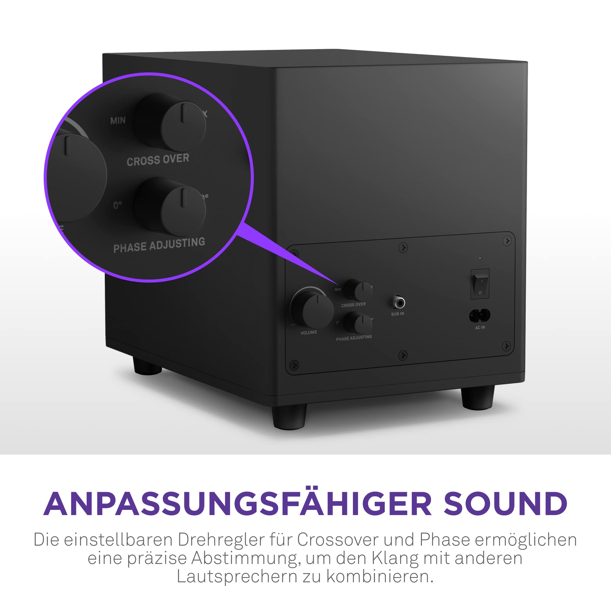 NZXT Relay PC-Gaming-Desktop-Subwoofer – AP-SUB80-EU - 140 Watt – Tiefer, kraftvoller Bass – Nach unten abstrahlender 6,5“-Treiber – Drehregler für Crossover und Phase – Schwarz
