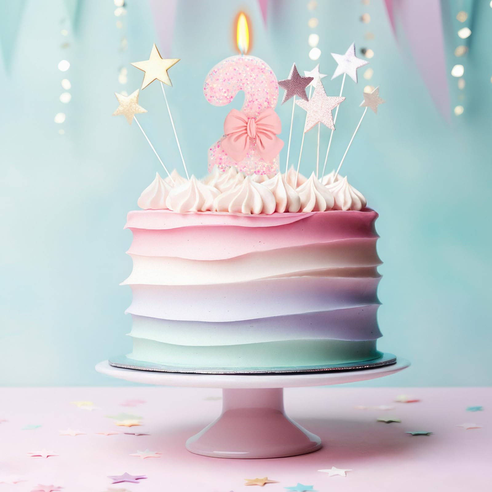 Vela de cumpleaños para tarta, 2 velas, purpurina rosa con lazo, vela de feliz cumpleaños de 2.75 pulgadas, decoración de pastel para fiesta de cumpleaños de 2 años (número 2)