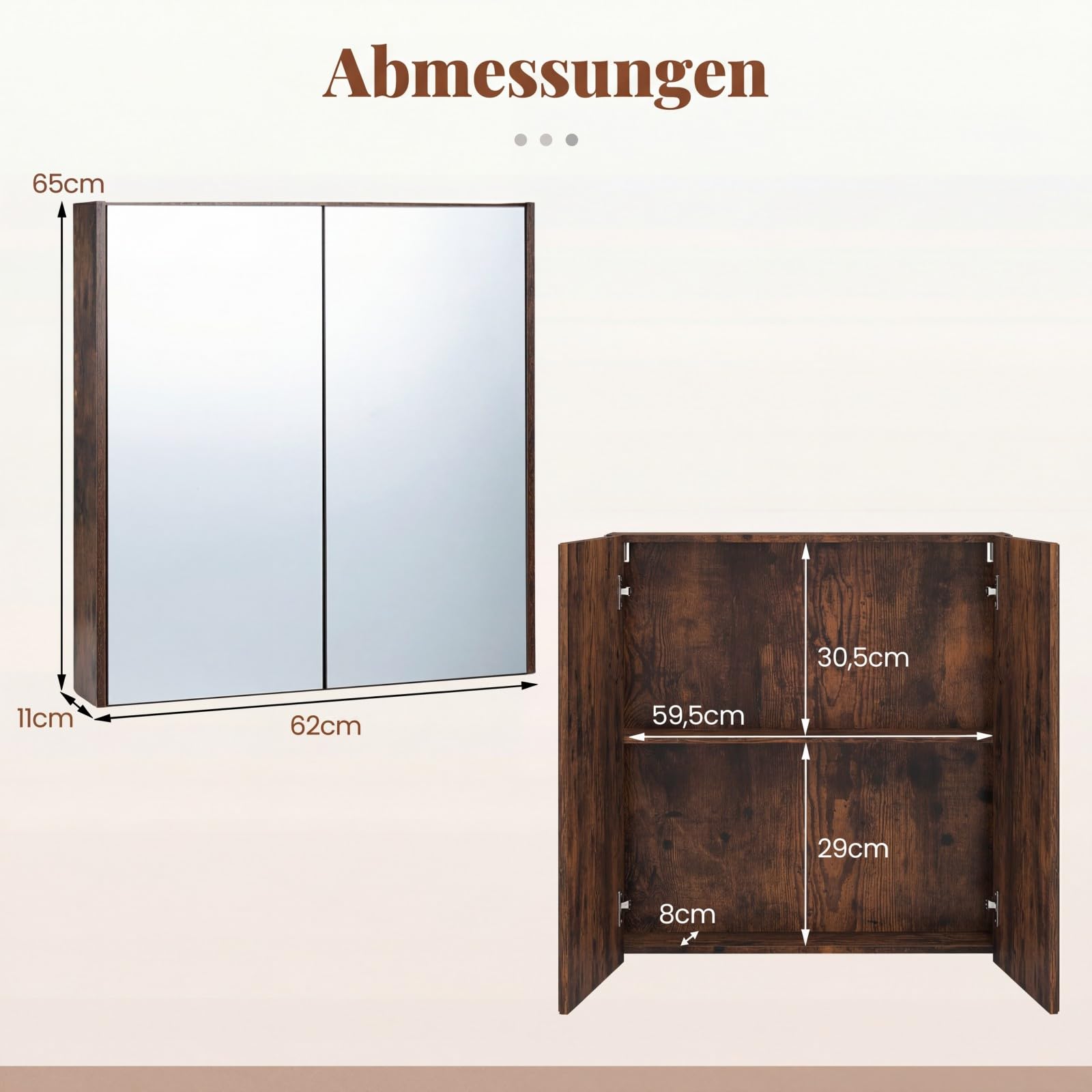 COSTWAY Spiegelschrank Bad, Badezimmerschrank mit 2 Spiegeltüren & Ablage, Badschrank, Hängeschrank, Wandschrank holz für Schmutzräume, Eingangsbereiche & Badzimmer, 62 x 11 x 65 cm (Rustikales Braun)