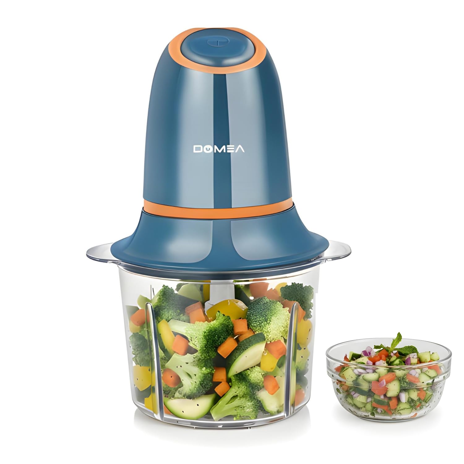 DOMEA Electric Mincer, Vegetable & Fruit Chopper, Mini Processor, 1.2 L Bowl, Detachable Stainless Steel Quad Blades, For Easy & Quick Grinding of Meat, Vegetables Fruits, Nuts, Dip Making, 300 W
