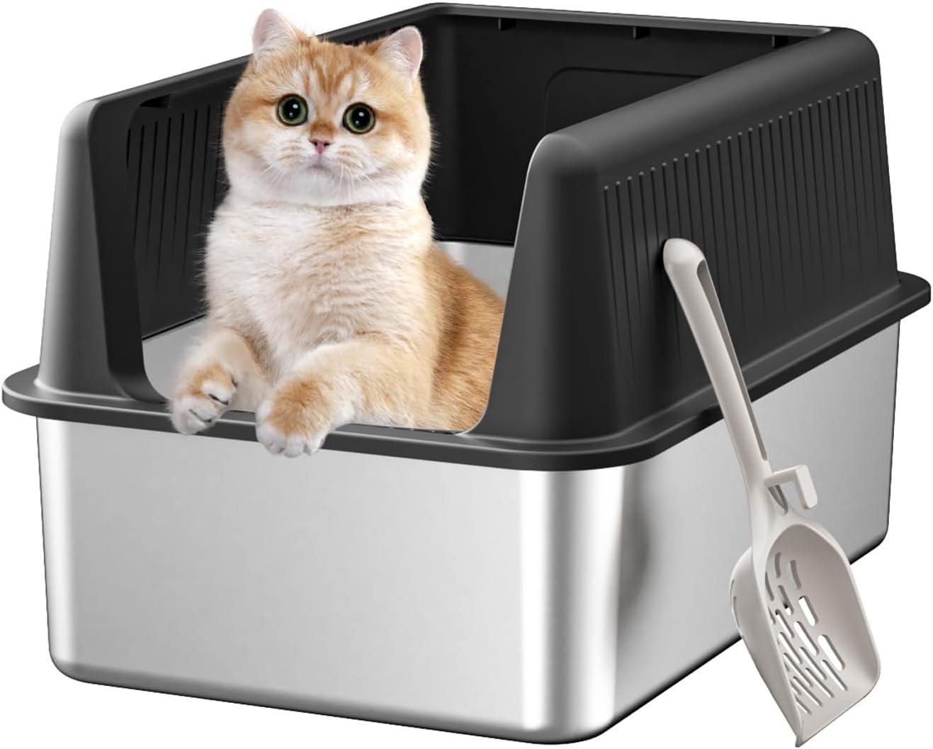 Stainless Steel Cat Litter Box with Lid,XL,19.7” L x 13.8” W x 11.8”H Deep,Large Metal Litter Box with High Side,for Small and Large Cats,Anti-Leakage Non-Sticky Easy Cleaning Include Litter Scoop Black (11.8’ deep)