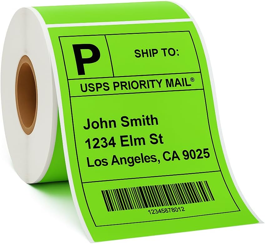 Compulabel Direct Thermal Labels, 4"x6", 1000 Labels Per Roll, Pack of 4, PMS802 Green, Fluorescent, 3" Core (520306)