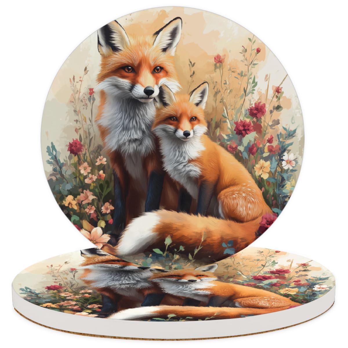 Ceramic Drink Coaster for Tabletop Protection, Cartoon Foxes In The Flowers Animals Print Round Table Coasters for Home Decor House Warming Gifts - Set of 2