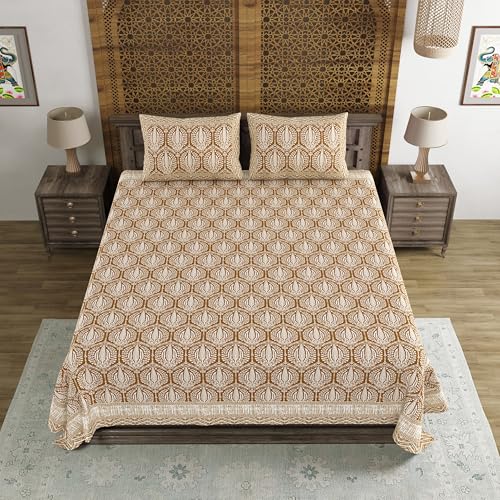 Image of BLOCKS OF INDIA Hand Block Printed 200 TC Cotton Super King Size Bedsheet (Brown Pine Tree)