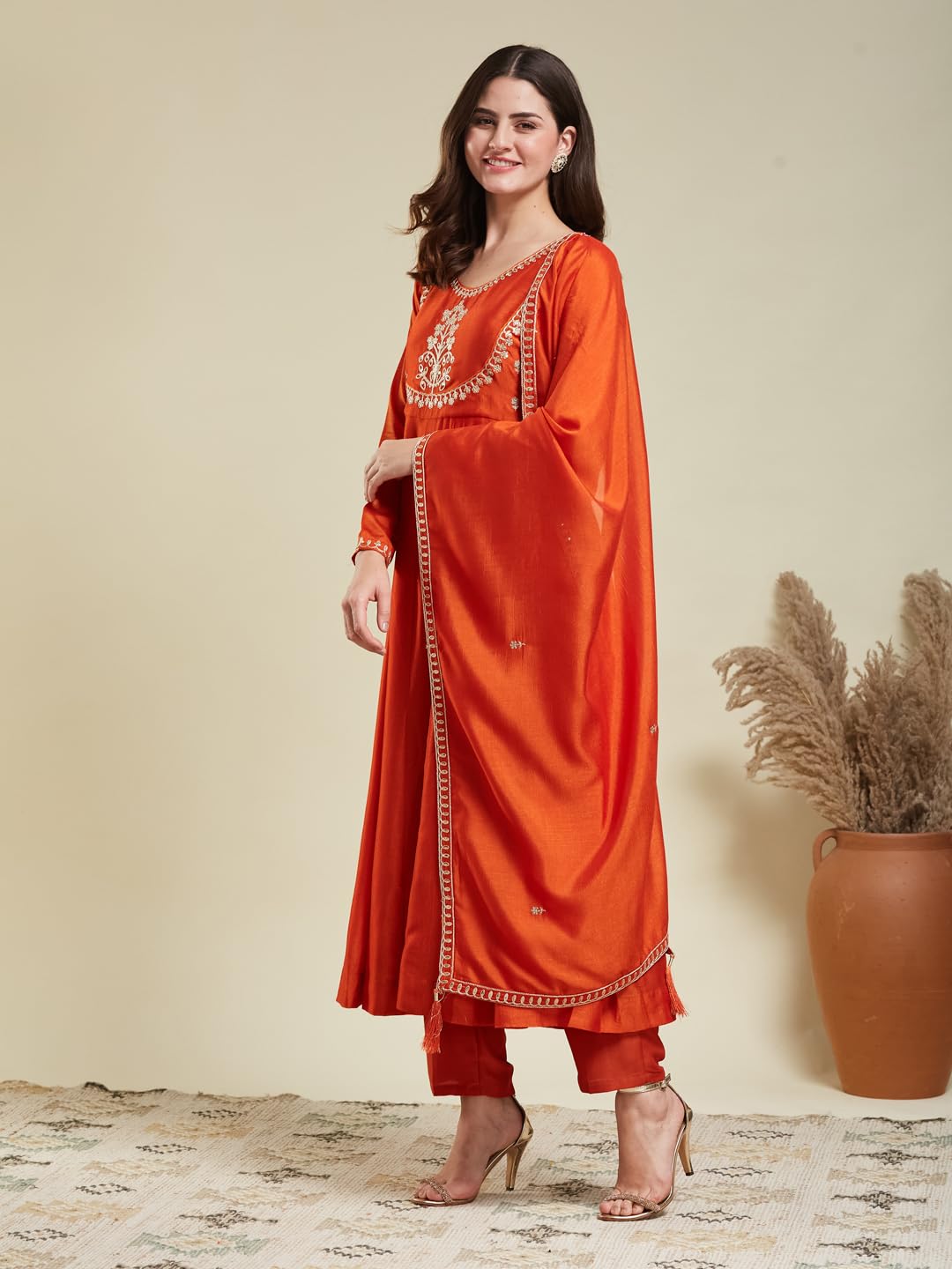 MOKOSH Women's Silk Anarkali & Pant with Dupatta Set (417-06-L_Orange) - Image 5 thumbnail
