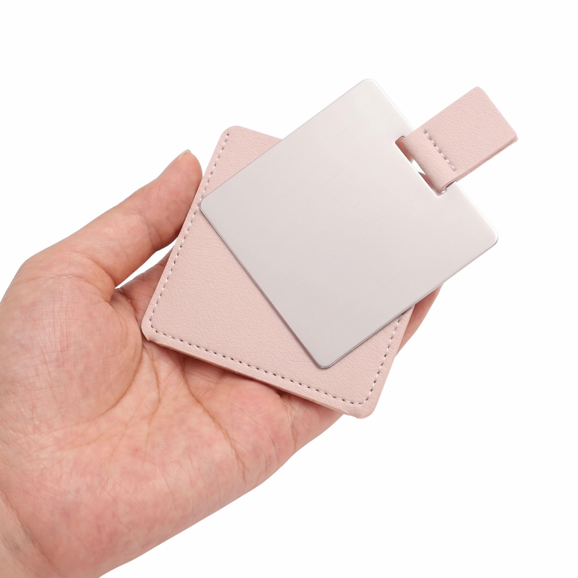 Baskety Mini Hand Mirror Handheld Stainless Steel Unbreakable Mirrors with PU Leather Case for Women and Men Makeup (Square-Pink)-image-0