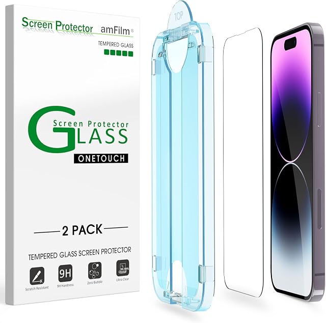amFilm 2 Pack OneTouch Glass Screen Protector Compatible for iPhone 14 Pro 6.1 Inch, Easiest Installation, Bubble Free and Full Coverage Case Friendly