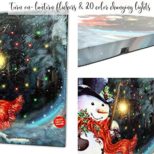 Banberry Designs Light Up Snowman Canvas Print Led Lighted Christmas Wall Hanging Snowman With A Black Top Hat And A Red Scarf Holding A Lantern - Winter Holiday Scene Wall Art #TOP3