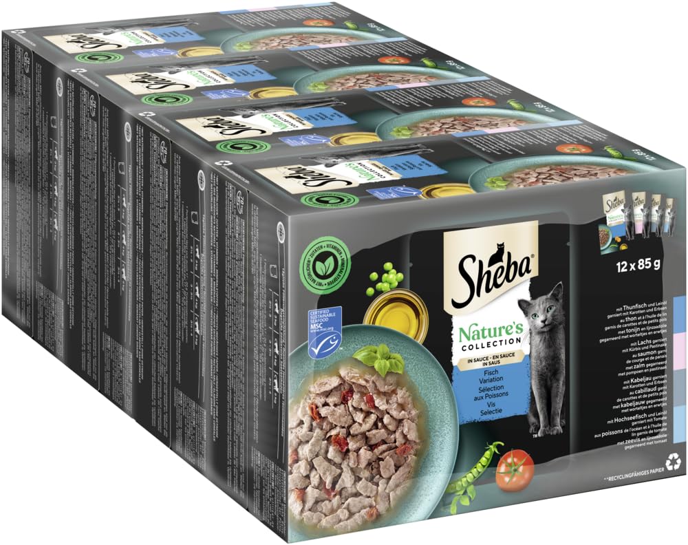 Sheba Nature´s Kolekcja dla dorosłych kotów, selekcja ryb w sosie, mokra karma dla kotów, świeżość 85 g (zestaw 12 sztuk)