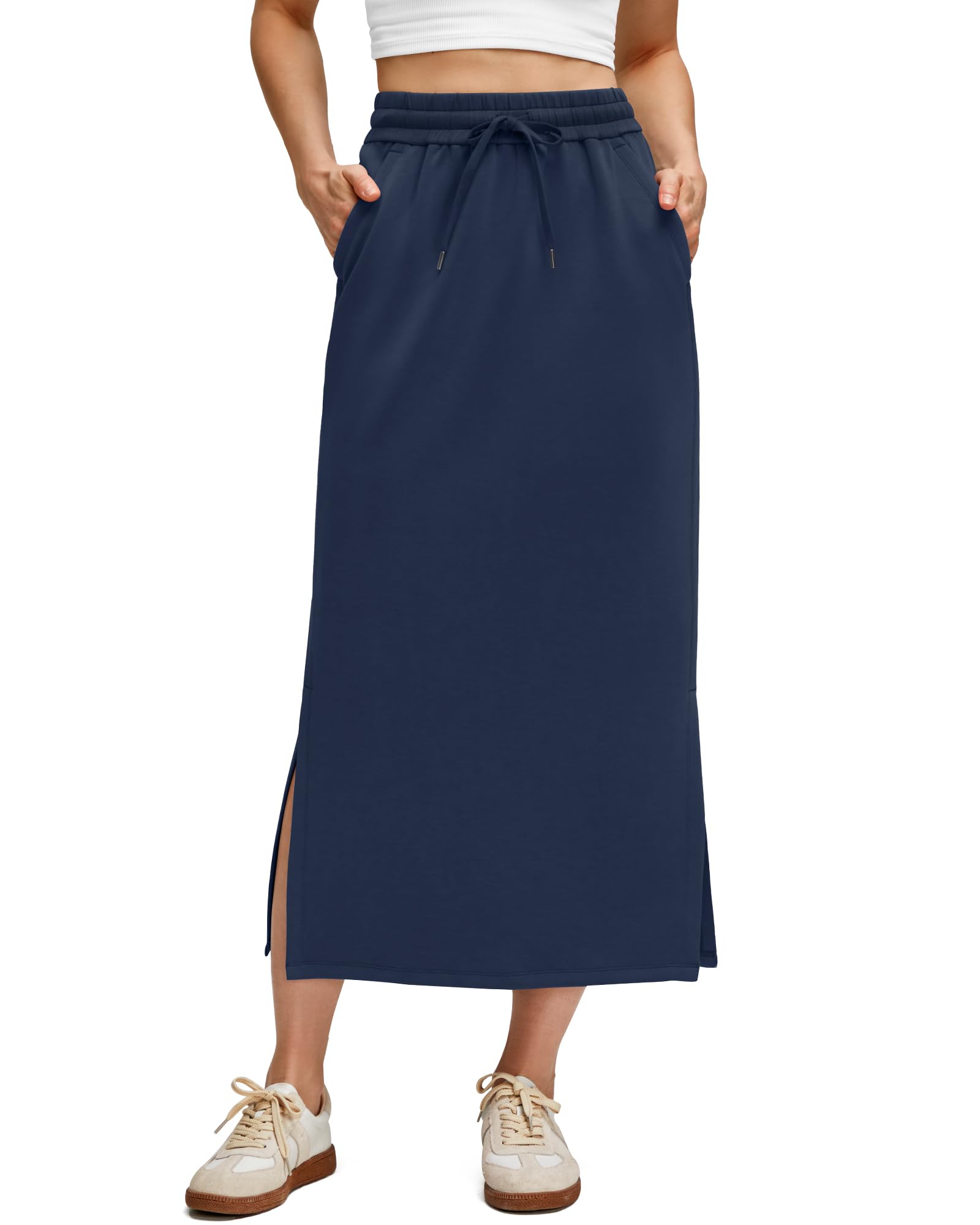 G4Free Womens Sweat Skirts Casual Elastic Waistband Pencil Drawstring Skirts Stretchy Summer Midi Skirt Modal Soft Dark Blue