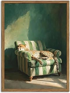 Framed Funny Leopard Canvas Wall Art, Vintage Sleeping Cheetah on Sofa P...