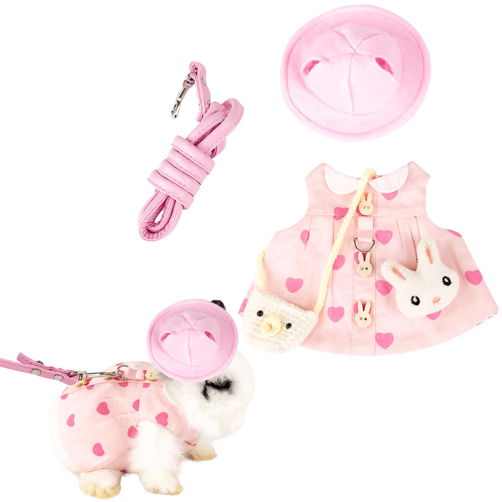 Guinea Pig Clothes,Rabbit Harness,Ferret Bunny Clothes with Pet Rabbit Harness and Leash Mini Hat Bag Cute Brooch for Kitten Small Animal Collars (Pullover Style,S)