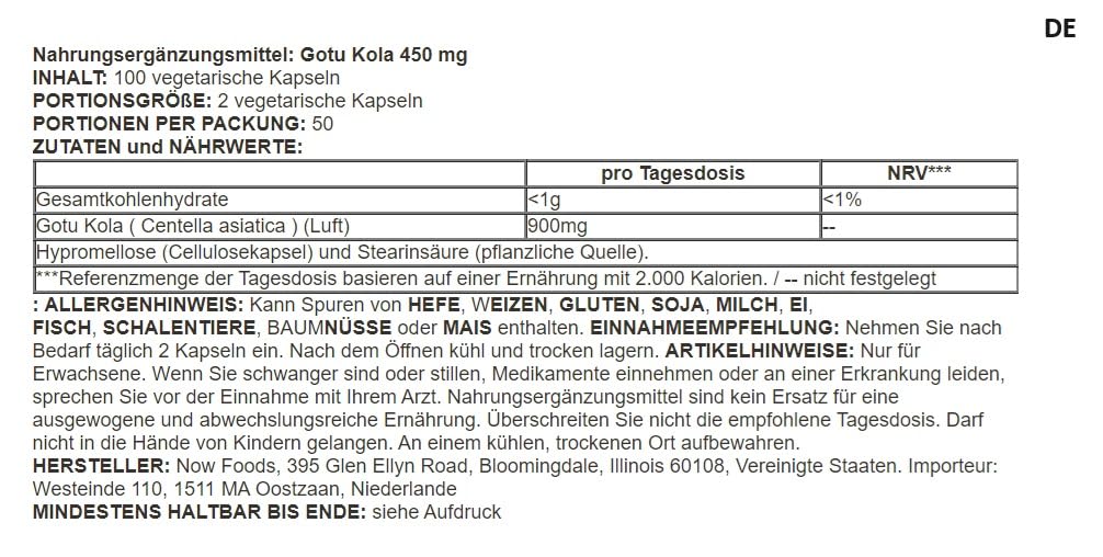 Now Foods - Gotu Kola, 450mg | Extrait de qualité supérieure 450mg - 100 capsules